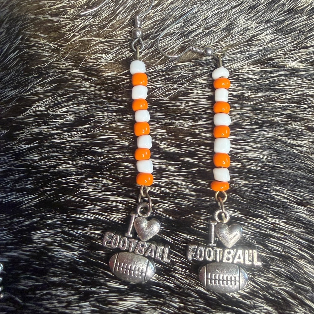 Orange and White Beaded Football Earrings